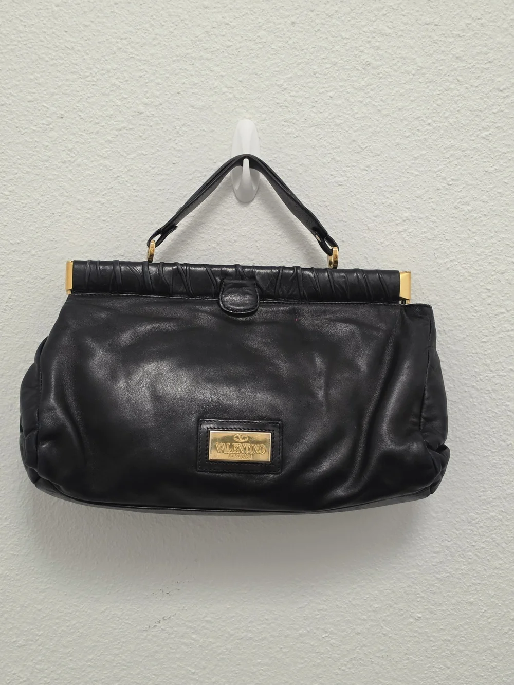 ​Valentino Black Leather Rose Applique Statement Bag with Additional Strap